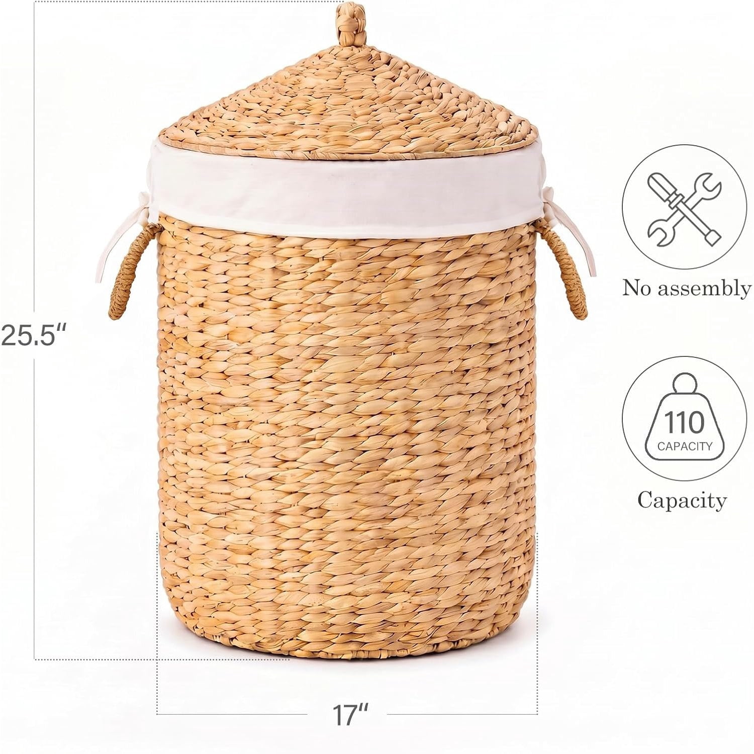 Round Laundry Hamper with Lid, Woven Natural Water Hyacinth, 17.52 in Diameter