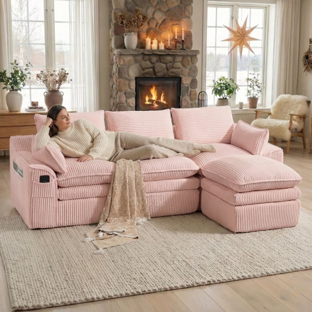 104" Modern Modular L-Shaped Sectional Cloud Sofa, Compressed Corduroy Floor Couch with Movable Ottoman
