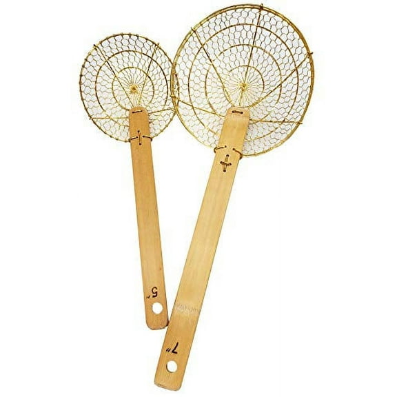 Sunrise 5" & 7" Diameter Round Brass Spider Strainer Sets with Bamboo Handles
