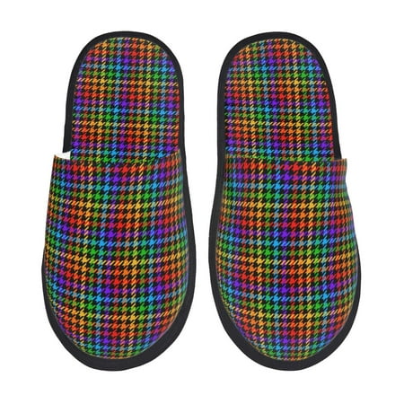 

Honeii Rainbow Houndstooth Print Furry Slippers Bedroom Slippers for Women and Men Fuzzy Plush Comfy Faux Fur Lined Slide Shoes -Medium