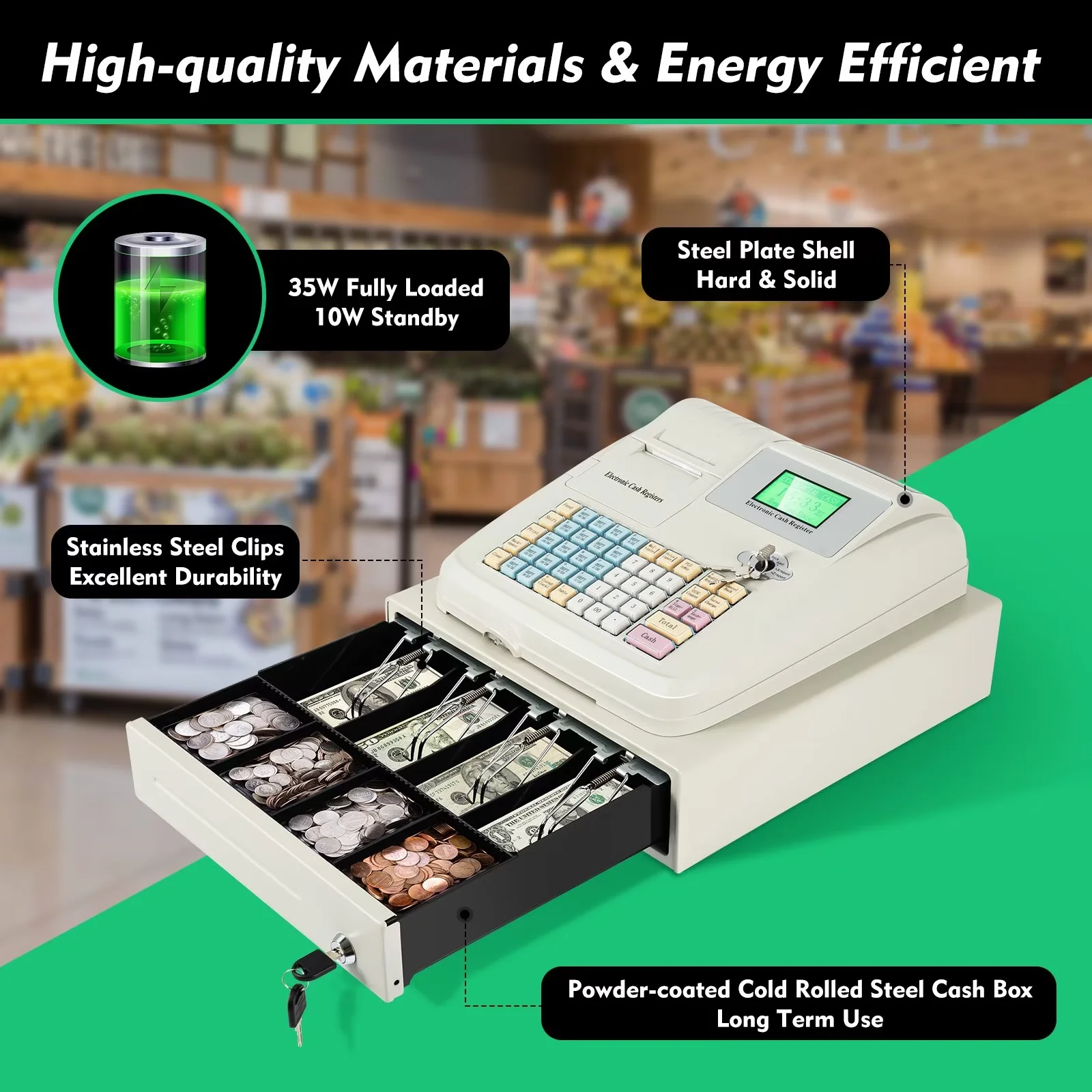 TFCFL Electronic POS System Cash Register with 48 Keys 8 Digital LED Display Retail Point of Sale System and Cash Drawer Cash Register for Small