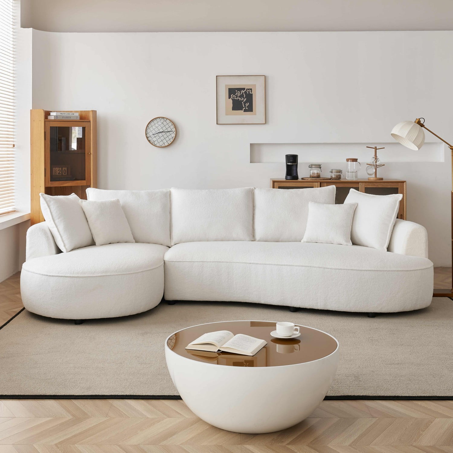 Gewnee 122.8" Curved Sofa Modern Curved Couch Living Room Modular Sectional Sofa, Mid Century Upholstered Couch Sherpa Boucle Fabric Sofa for Bedroom Apartment Left Hand Facing