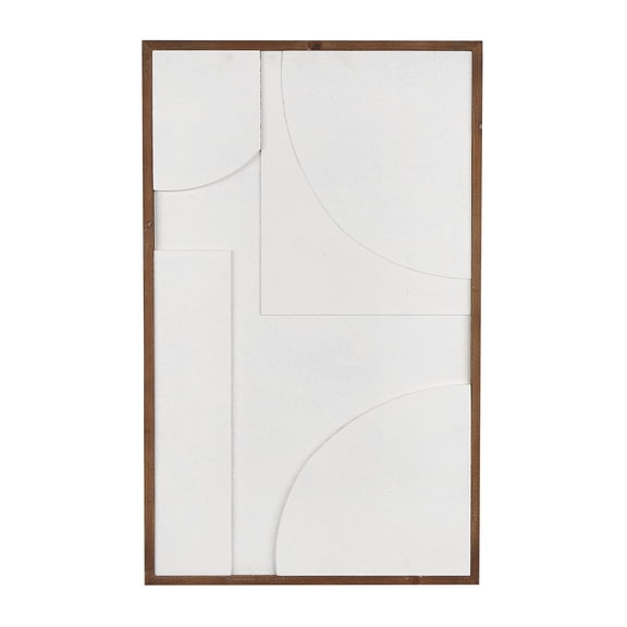 DecMode White Wood Geometric Textured Dimensional Shape Home Framed Wall Art with Brown Wooden Frame, 20" x 1" x 32"