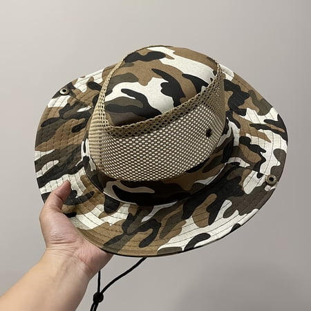Men s Camouflage Wide Brim Bucket Hat with Adjustable Chin Strap Breathable Mesh Boonie Hat for Outdoor Fishing Hiking Gardening Travel