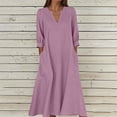 thumbnail image 3 of Wdfiry Robe en Coton et Lin pour Femmes Couleur Unie Col Cranté Manches Bouffantes Robe Grande Taille Ample Manches 3/4 Midi, 3 of 4