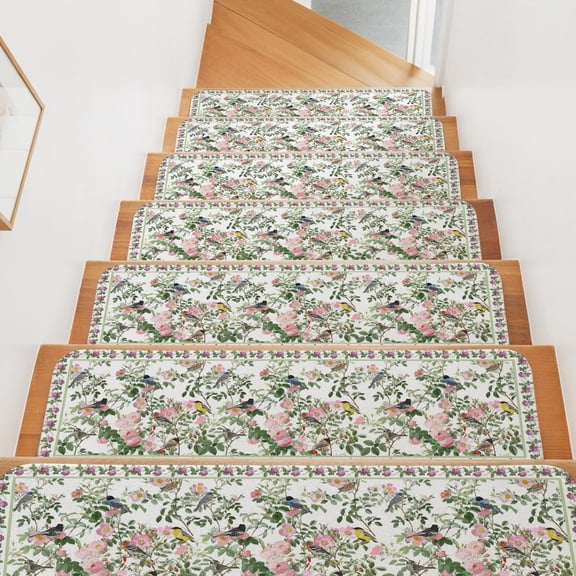 Stair Treads for Wooden Steps Indoor, Pink Floral Bird Stair Tread 7 Pack Adhesive Non Slip Carpet Stair Tread Mat Runner Rugs Green Leaves Branches Staircase Step Treads for Kids Elders Dogs 8"x30"