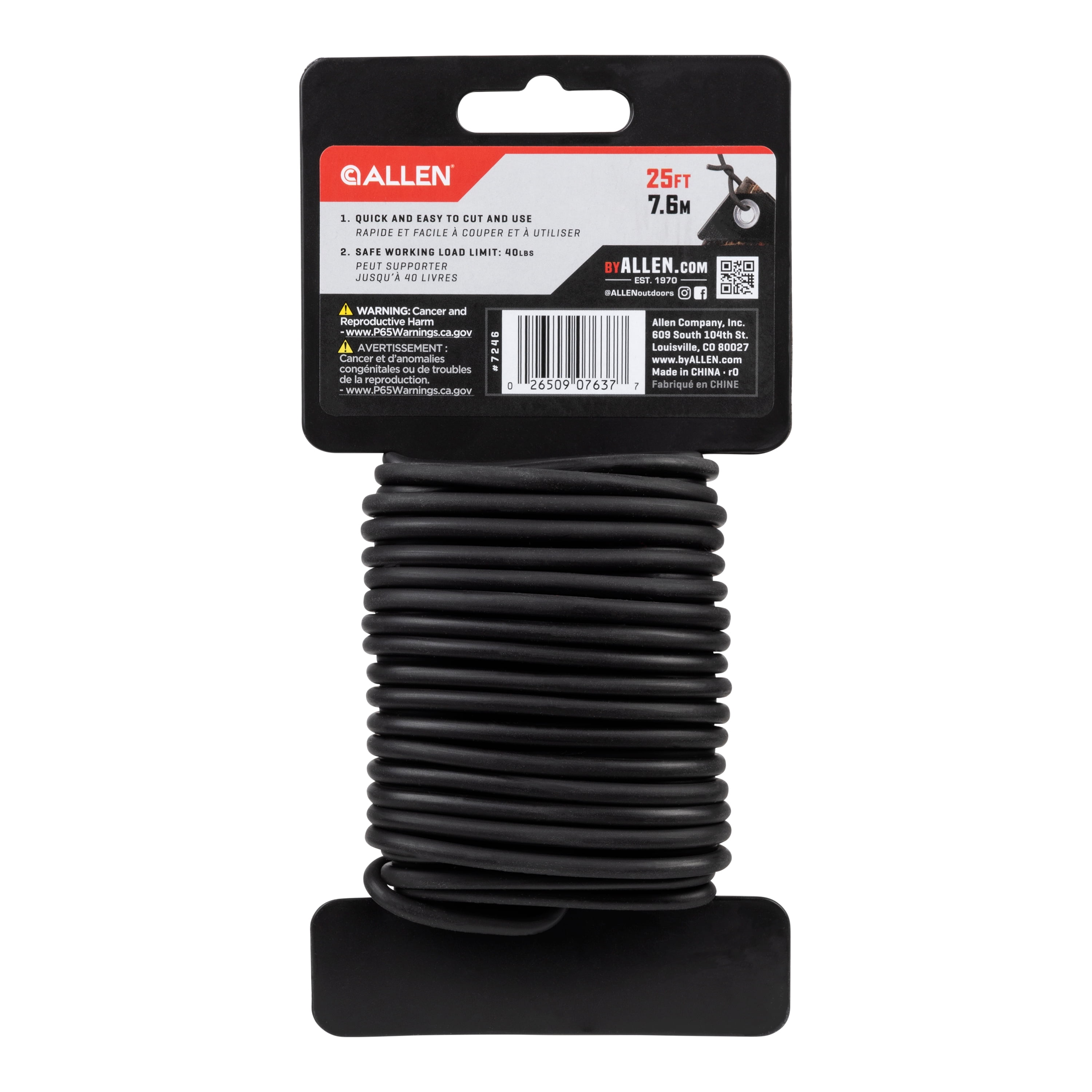 Allen Company Rubber Coated Outdoor Wire, Black, 25 Ft Spool, 40 Lb Capacity, Model 7246