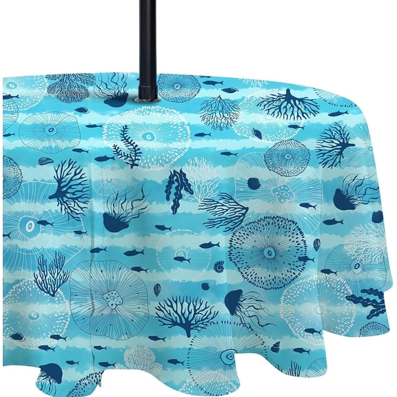 Blue Ocean Beach Tablecloth for Spring Summer, Round 60" Table Cloth with Umbrella Hole and Zipper, Perfect for Kitchen Dining Room Picnic Party Banquet, Outdoor Indoor Use