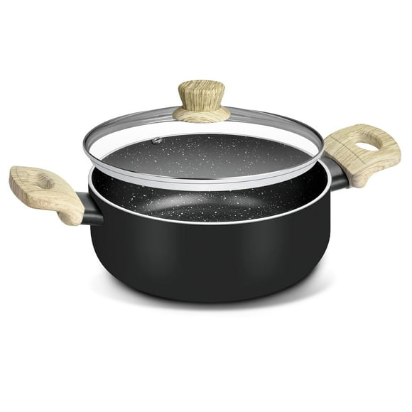 Bellini Aura 20 Cm Rivet Less Casserole With Glass Lid 2.6 Liters |Wooden Finish Handles - Induction & Gas Ready, 1-year Warranty, Non Stick
