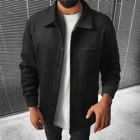 Maqroz Shirt Jacket for Men Button Turndown Jackets with Pockets Long Sleeve Brushed Shacket Casual Loose Solid Color Shackets Stylish Fall Winter Outerwear