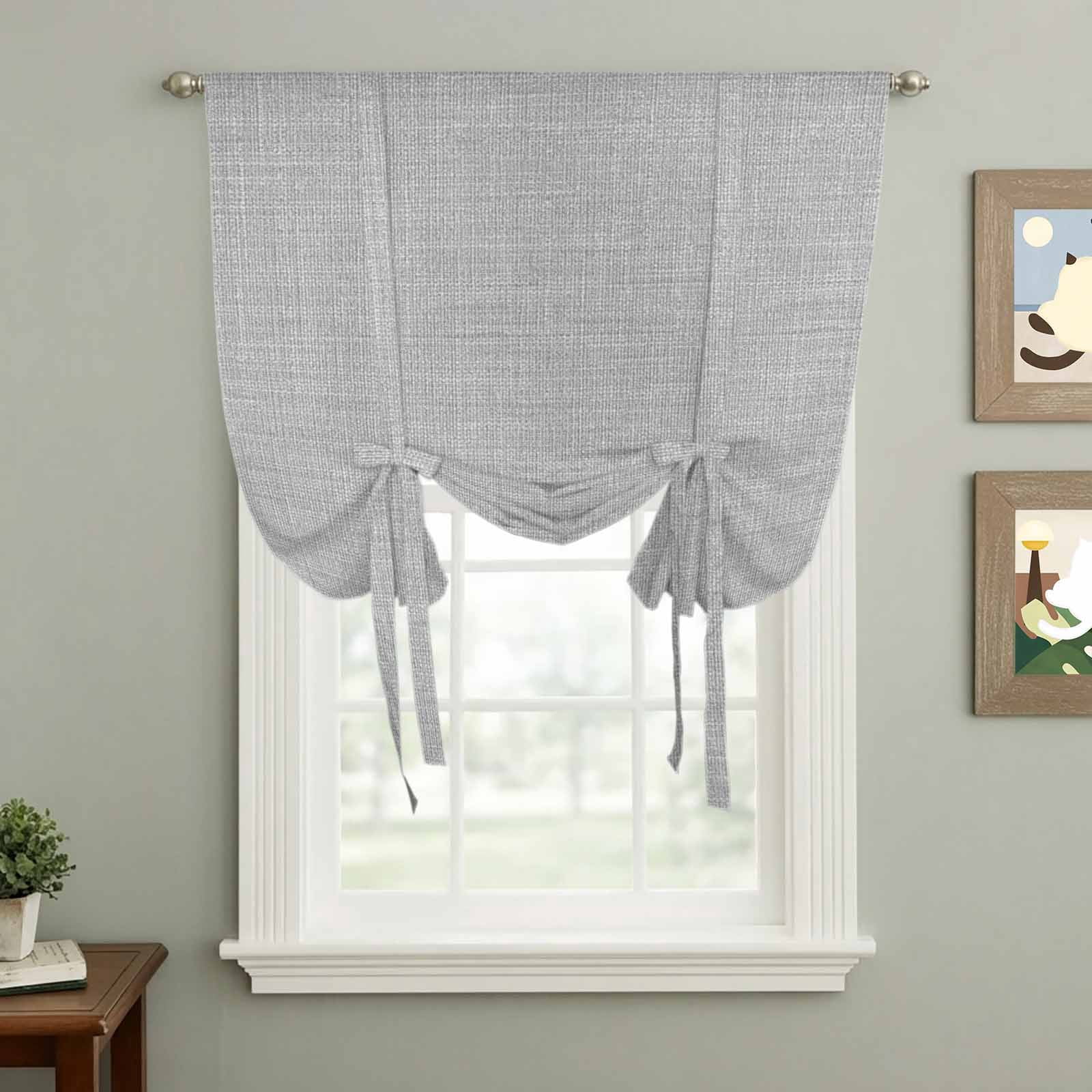 Vintage Linen Tie Up Curtain 45 Inches Long, Pastoral Grey Linen Texture Farmhouse Balloon Style Kitchen Window Curtain Over Sink, Small Window Rod Pocket Curtain 42"x45"
