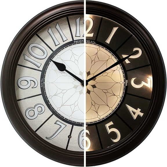 PresenTime & Co 12.6" Luminous Farmhouse Clock, Silent no ticking, Oil Rubbed Bronze finish, Vintage Style, Lighted Clock with Smart Sensor