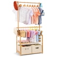 thumbnail image 1 of Vilaxing Perchero de bambú para ropa para niños con 2 cestas de almacenamiento y 2 varillas ajustables para colgar, soporte para ropa infantil con estante, estantes para vestir para sala de juegos, do, 1 of 5