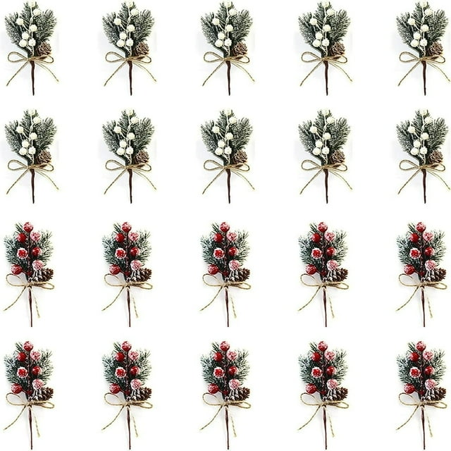 20 Pcs Pics Floraux de Noël 7.8 Pouces Houx Enneigé Pics de Baies Rouges Tiges Pics de Noël et Pulvérisations Pics de Pin Artificiels avec Pommes de Pin pour Artisanat Guirlande de Couronne, 40 Pcs Rouge+40 Pcs Blanc