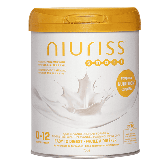 Préparation pour nourrissons NIURISS SMART (0 à 12 mois) - 2'-FL (HMO), aux lipides OPO et aux fibres GOS, enrichis en calcium, vitamine D et DHA - fabriquée au Canada à partir de lait canadien, 700 g