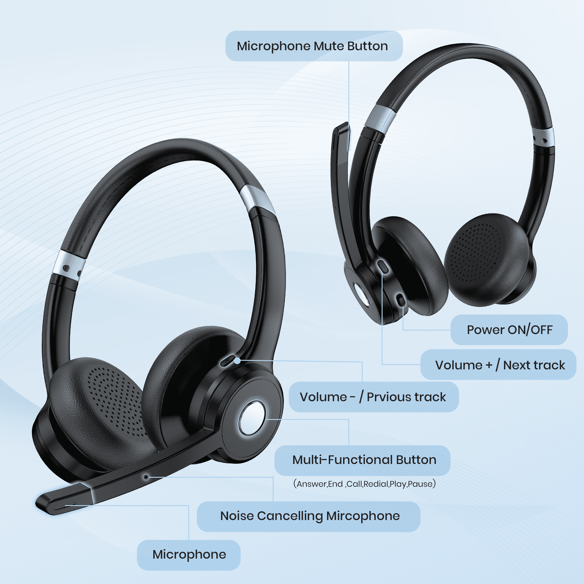 LUXMO Trucker Wireless Bluetooth Headset with Microphone, Black