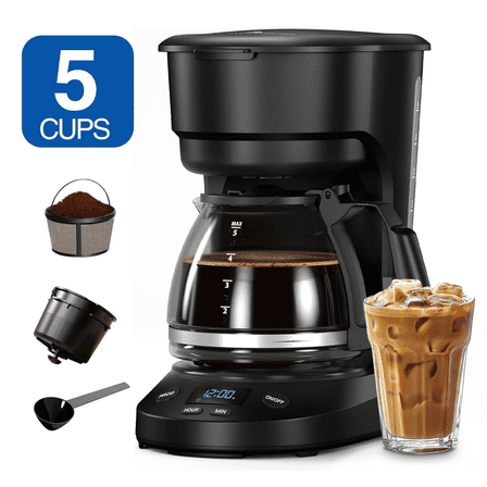 Auseo 5 Cup Drip Coffee Maker, Coffee Maker with 2-Hours Keep Warm Function, Timer function, Programmable, 0.75L Glass Carafe, for Home/Office, Black
