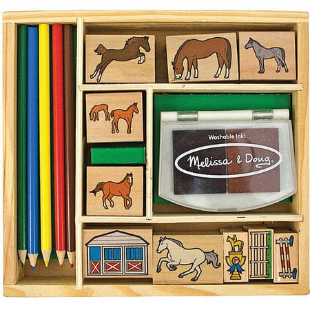 Melissa & Doug Wooden Stamp Activity Set: Horse Stable - 9 Stamps, 5 Colored Pencils, 2-Color Stamp Pad