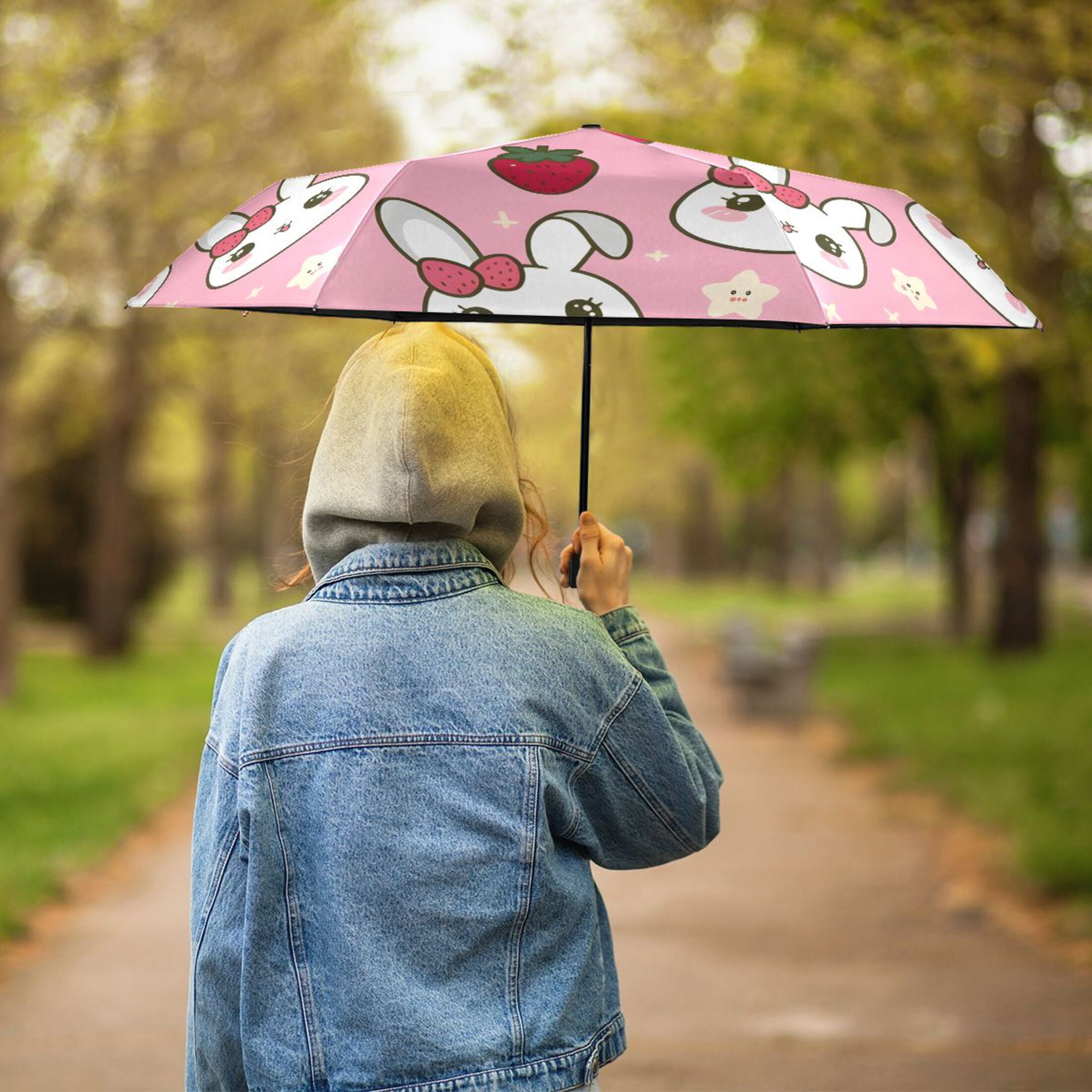 Cute Rabbit Head with Strawberry Compact Sun Umbrella Windproof Travel Umbrellas for Rain Strong Portable UV Protection