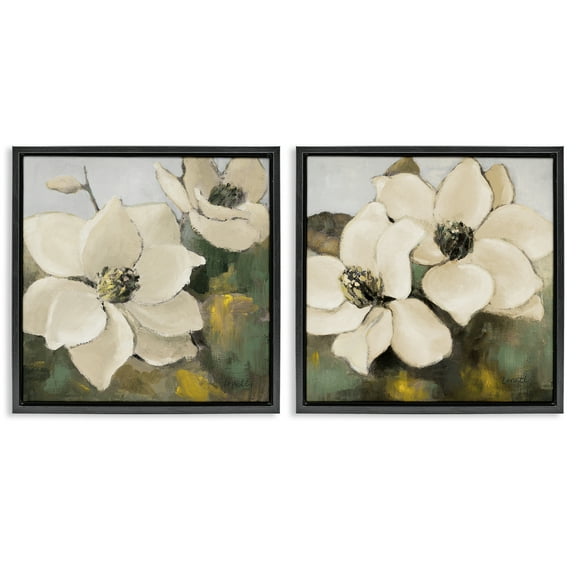 Stupell Industries Blooming Magnolia Blossom Plants & Flowers Painting Black Floater Framed Canvas Art Print Wall Art, 18 x 18, Set of 2