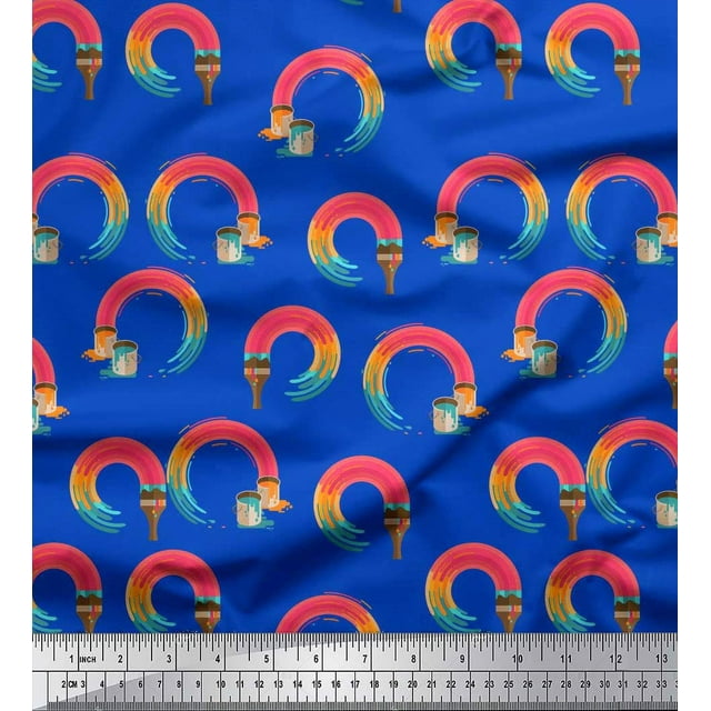 Soimoi Blue polyester Crepe Fabric Paint Brush Abstract Print Fabric by the Yard 42 Inch Wide