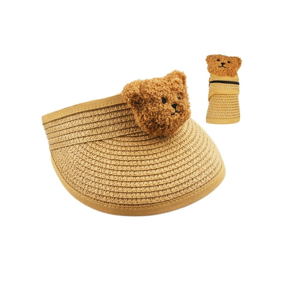 VIVIAN & VINCENT Boy's Girl's Wide Brim Sun Hats Straw Visor Summer Beach Hat for Kids Baby Toddler with Bear Natural Straw 1-6 year old
