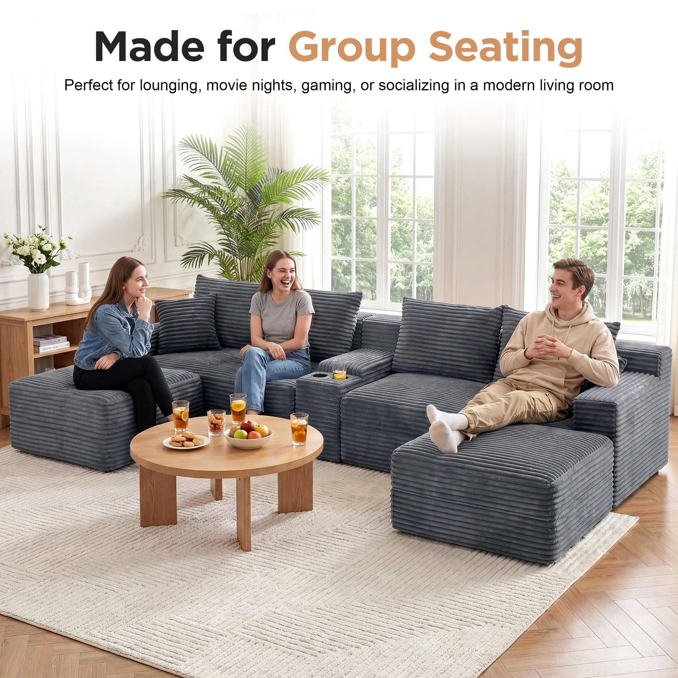 Aenkyo 127" Corduroy U-Shaped Modular Sectional Sofa with Storage Console and Cup Holder, Gray