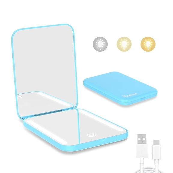 Rechargeable Pocket Mirror, Double Sided 1X/3X Magnification Compact Vanity Mirror, 3 Color Lights, Dimmable, Small Portable Wallet Mirror, Lighted Travel Mirror for Women Gifts, Blue