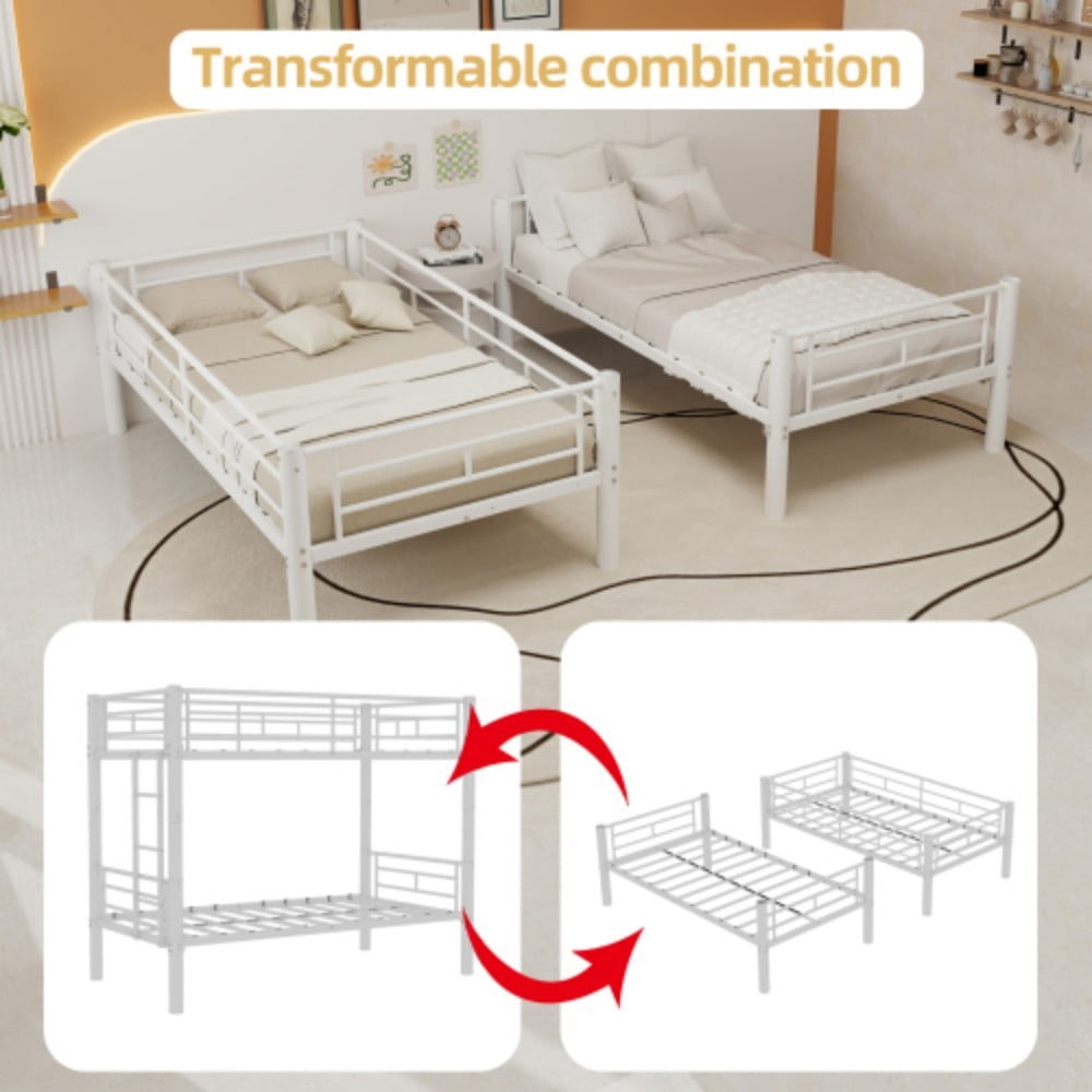 Twin Metal Bunk Bed, Convertible & Detachable into 2 Twin Beds, Heavy-Duty Iron Frame, 400 lbs Capacity, Guardrails & Ladder, White