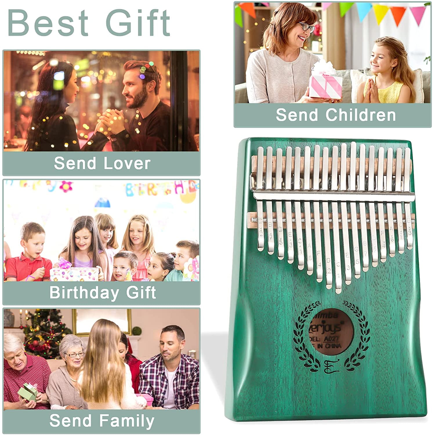 Everjoys Mahogany Kalimba 17 Keys Thumb Piano w/ Instruction Book, Tuning Hammer Portable Mbira Sanza Finger Piano, Gift for Kids Adult Beginners Professionals