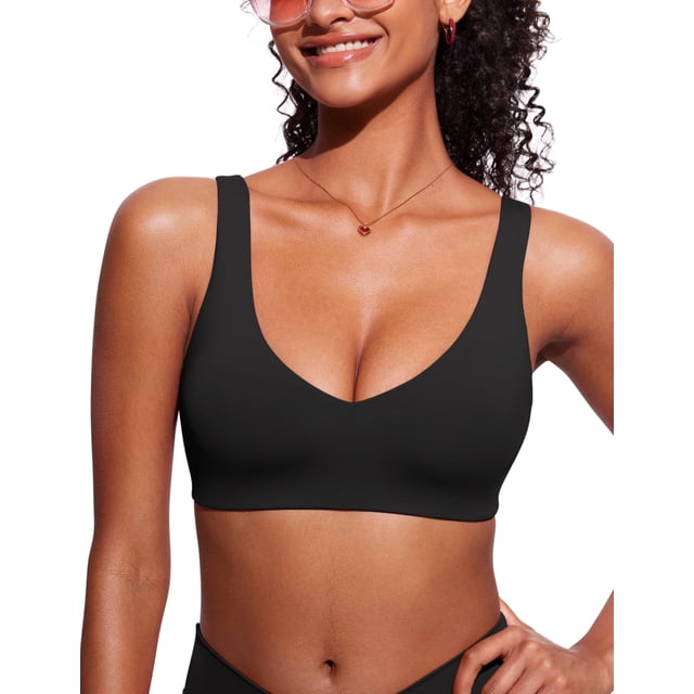 Top de Bikini CRZ YOGA con Relleno, Tirantes Anchos en V, Negro, Talla L