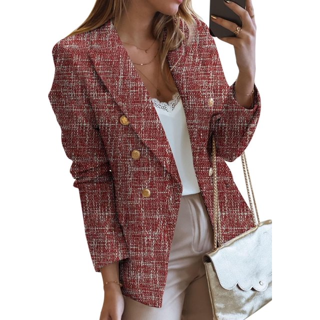 Womens Double Breasted Tweed Blazers Casual Long Sleeve Open Front Blazer Jackets Work Suits