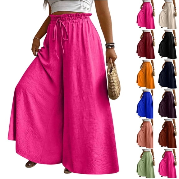 Plus Size Palazzo Pants Women Flowy Curvy Pants Drawstring Wide Leg Pants Summer Beach Travel Trousers Hot Pink XL