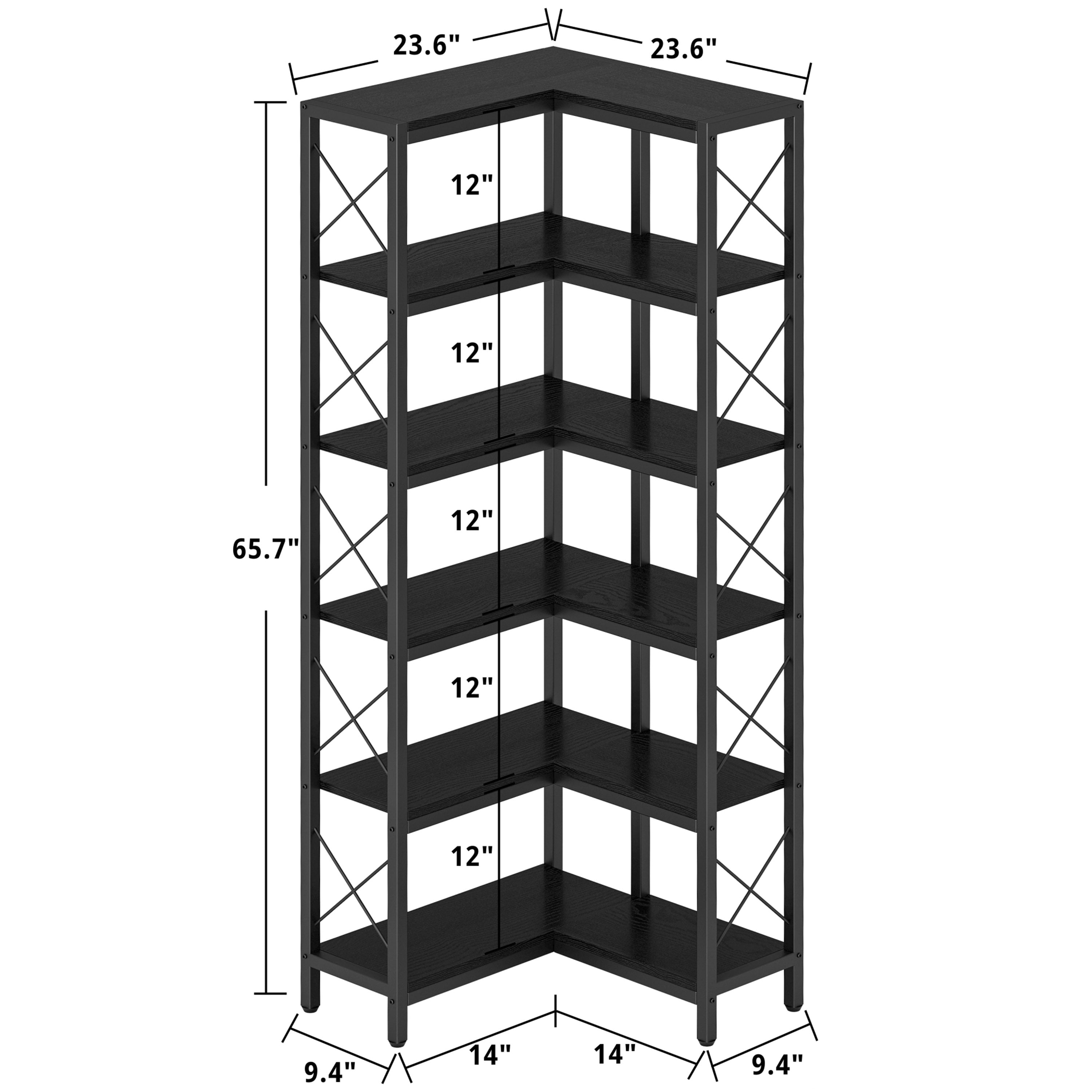 IRONCK 6-Tier Corner Shelf, Industrial L-shaped Display Bookshelf, Freestanding Bookcase for Living Room Home Office, Black