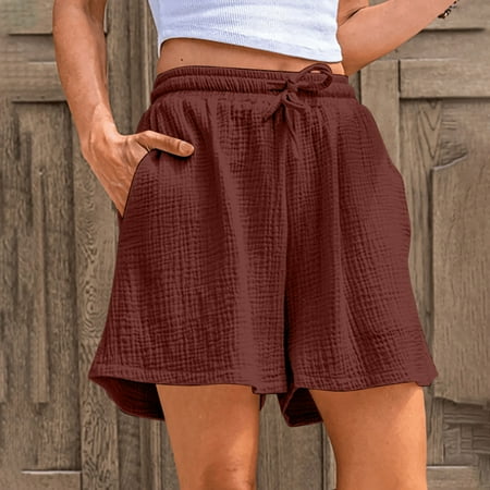 Bzhegqhd Women Solid Color Elastic Waist Drawstring with Pocket Cotton and Linen Shorts