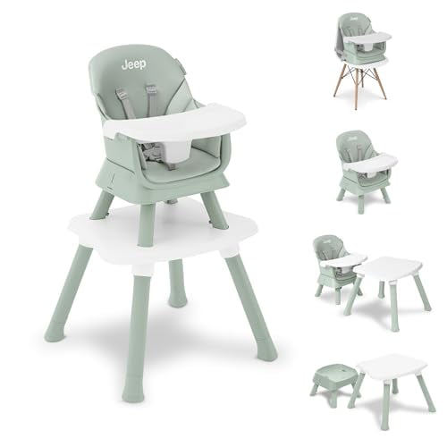 Silla alta Jeep Milestone 6 en 1 de Delta Children: silla alta que se convierte en taburete, asiento elevado, silla para niños pequeños, mesa de actividades, escritorio y silla, verde salvia