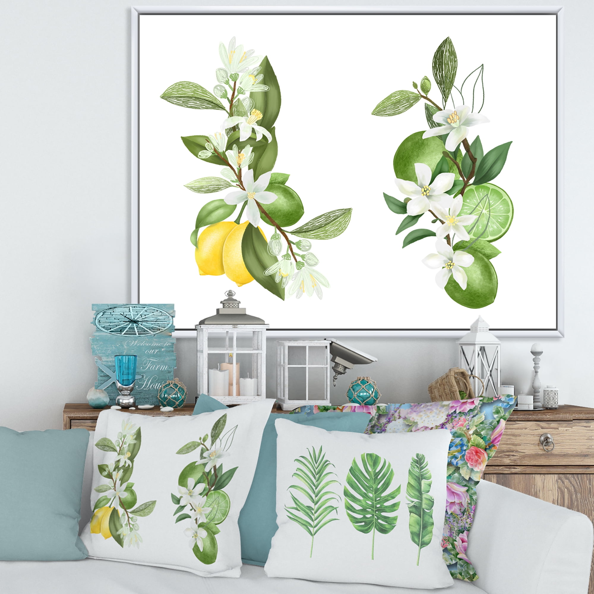 Designart 'Bouquets Of Blooming Lemon Tree Branches on White' Traditional Framed Canvas Wall Art Print