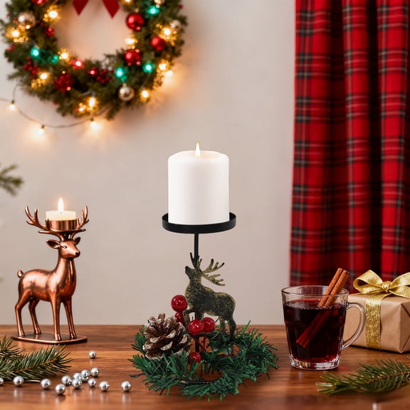 Christmas Reindeer & Heart Metal Candlestick - Table Centerpiece with Wreath & Red Berries - Festive Holiday Decor Enhancing Warm Ambiance for Christmas Gatherings & Home Tables, 5.31*4.33in, D