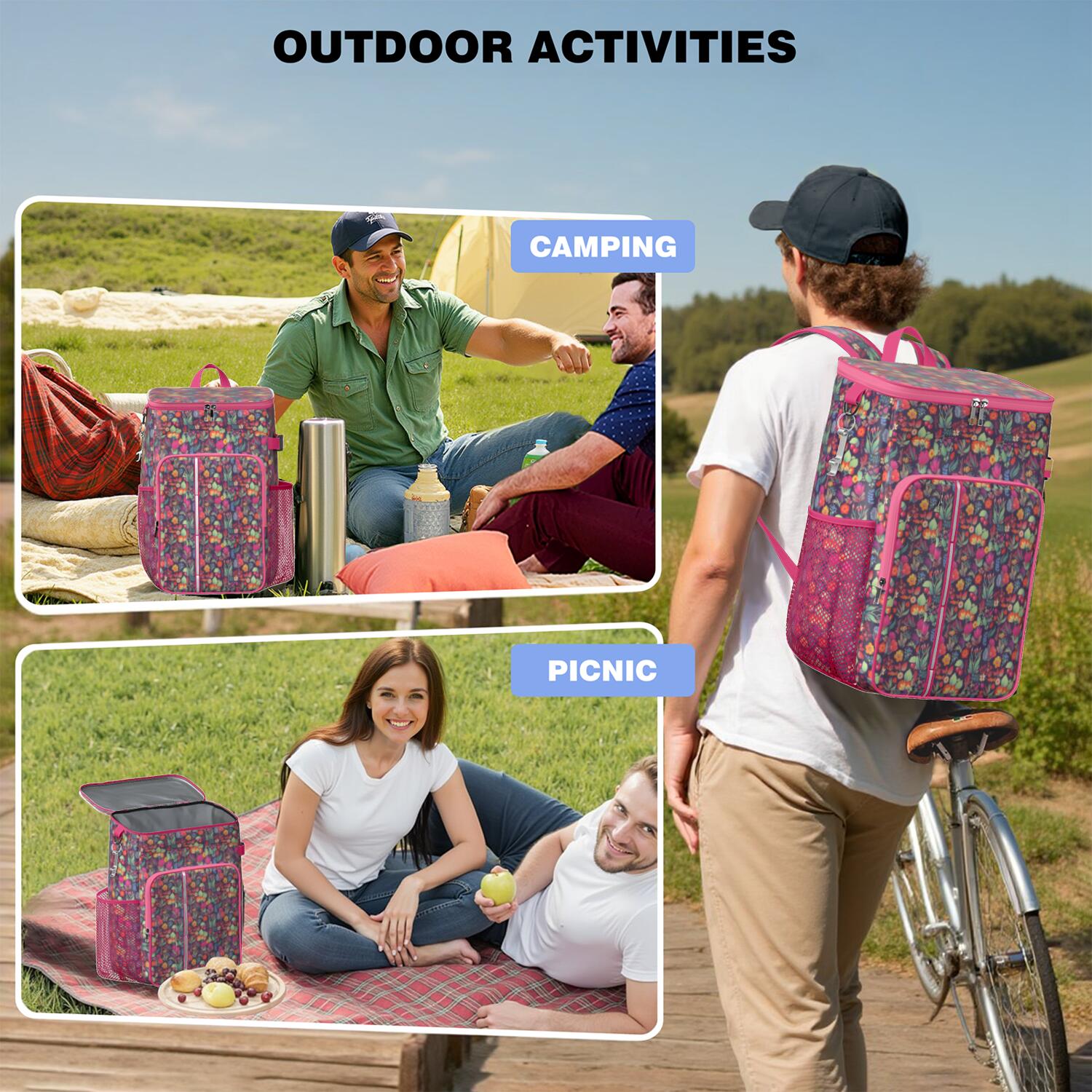 Travel Cooler Bag - Pioneer Flower Camping Beer Cooler Backpack with Bottle Opener- Waterproof Insulated Picnic Backpacks - Cooler Bag for Beach