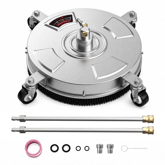 18" Pressure Washer Surface Cleaner with 4 Wheels, 1/4" Quick Plug | 4200 PSI, with 2 Extension Pods, 2 Nozzles, Stainless Steel Power Washer Accessory for Concrete Driveway Patio Sidewalk Deck