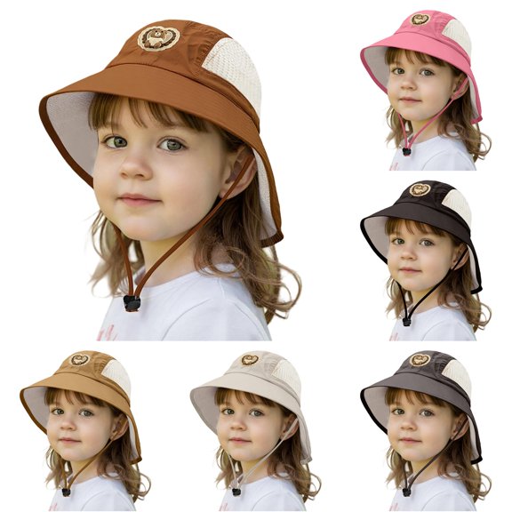 Oiyii Toddler Girls Breathable Bucket Hats Bear Embroidered Mesh Panel Camping Sun Hats, Coffee