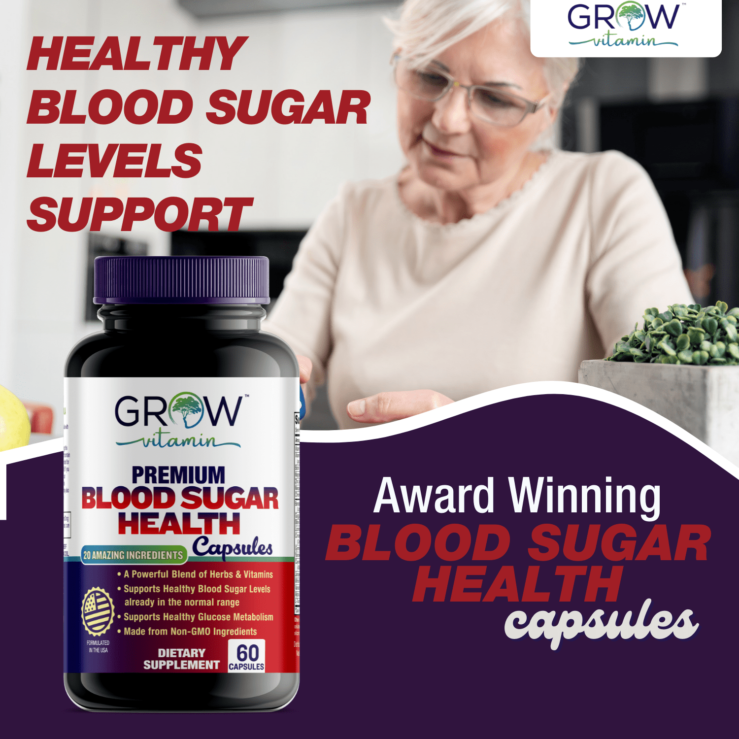 Grow Vitamin Blood Sugar Complex with Cinnamon Bark Capsules, Supports Heart Health, Energy & Immune System, 60 Count