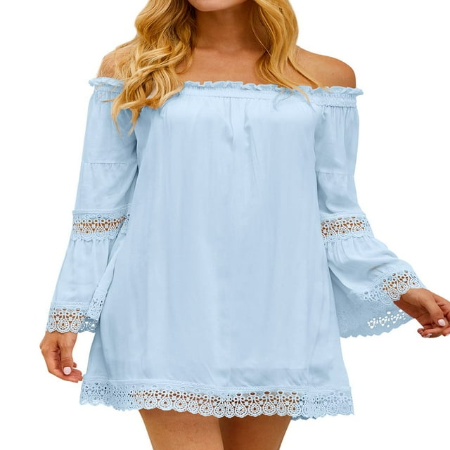 Robe Mini Décontractée à Manches Cloche Élastiques en Dentelle pour Femmes