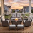 thumbnail image 2 of Patiobula Patio Furniture Set with Propane Fire Pit Table, 7 Pieces Outdoor Sectional Couch, Brown Wicker Rattan Conversation Loveseat Glider with Swivel Chair Ottomans for Backyard Deck, Beige, 2 of 15