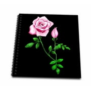 3dRose This artwork features a pretty pink rose with rosebud design and green leaves on a dark background - Memory Book, 12 by 12-inch