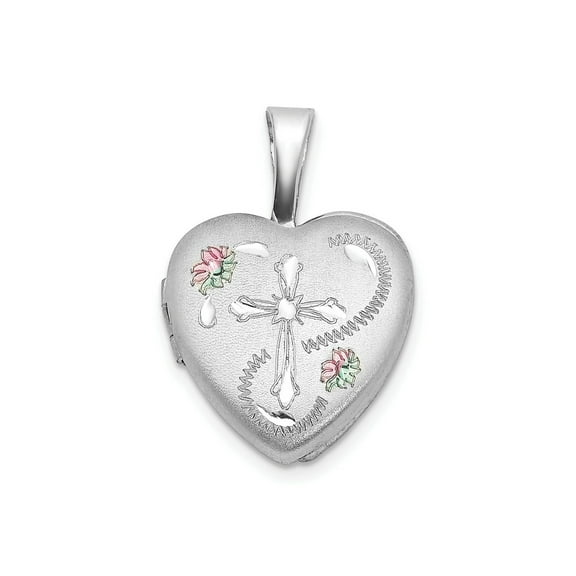 FJC Finejewelers 925 Sterling Silver  Bright Cut Enameled Floral Cross Heart Locket 18 x 12 mm