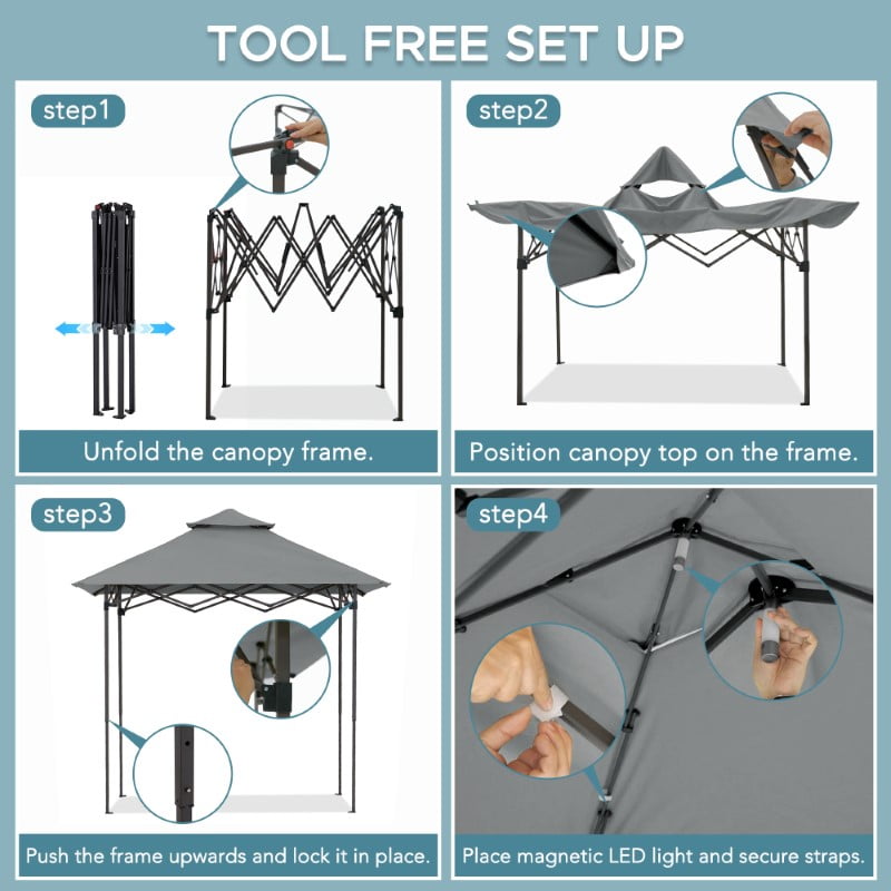 Sunjoy 8' x 5' Grill Gazebo Double Tiered Outdoor Gazebo Standing-Height Canopy with Magnetic LED Light, Adjustable Ceiling Height, for BBQ,Picnics, Outdoor Events, Gray