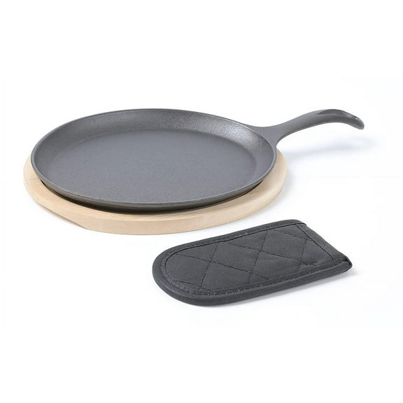 HAWOK Cast Iron Fajita Plate Sizzler Pan Set with Wooden Tray and Handle Holder, Pre-seasoned Cast Iron Skillet with Wooden Base and Handle Cover