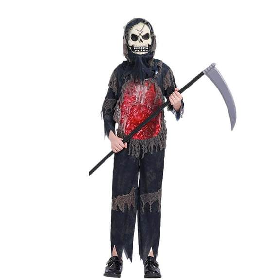 Wuxian Halloween Fall Clothes Toddler Boy Halloween Grim Reaper Clothing For Kids Glow In The Dark Halloween Phantom Jumpsuit With Scythe Belt,Skull Mask And Glove,Black,5-7 Years