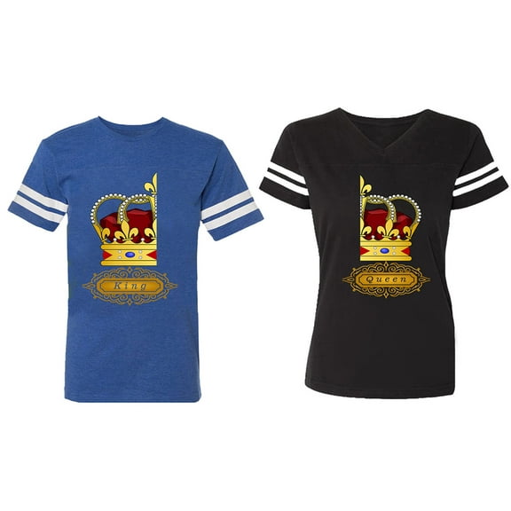 King Queen Red Gold Crown Matching Couple Cotton Jerseys (Men Royal / Women Black) (Men S / Women S)